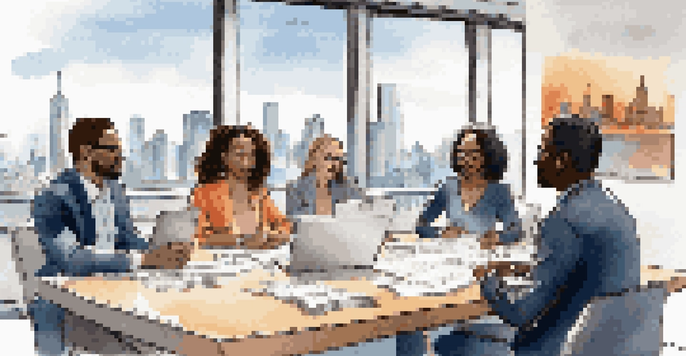 A diverse group of professionals in a conference room, engaged in a brainstorming session with a city skyline visible through large windows.