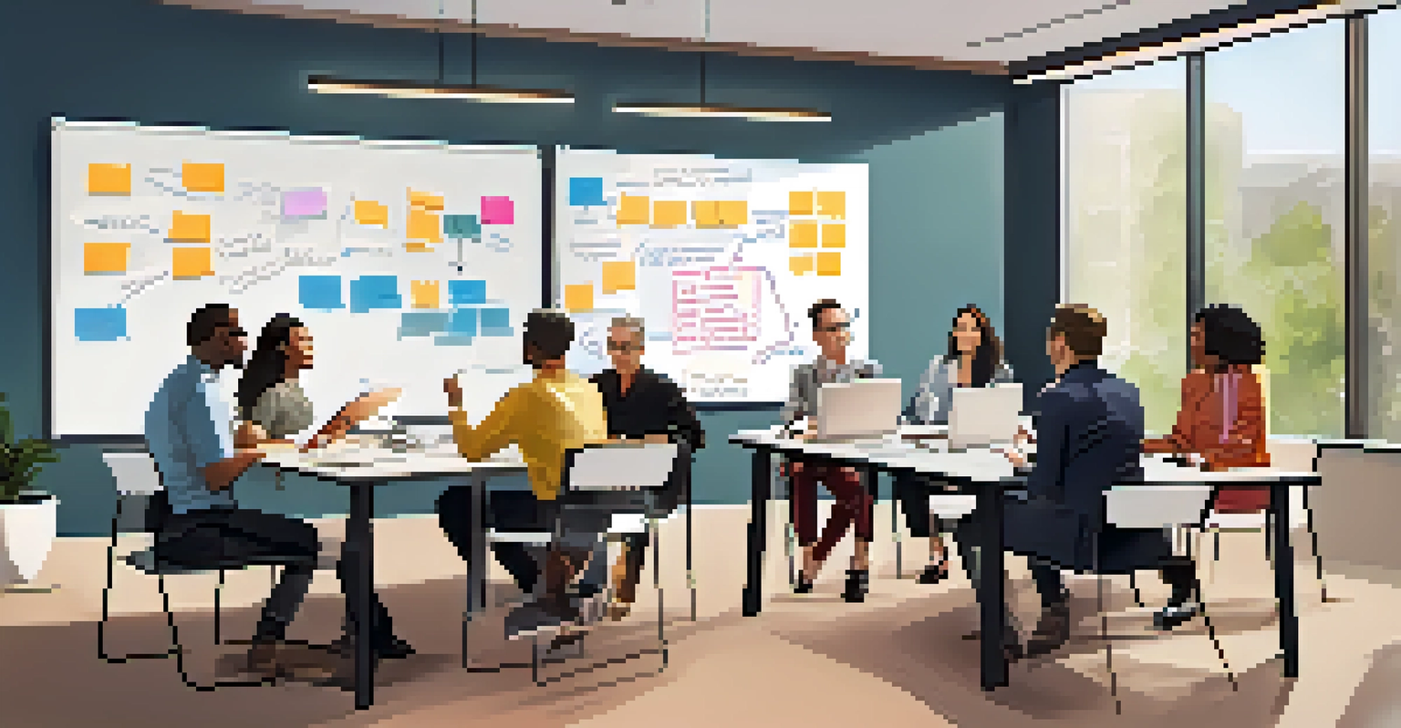 A diverse team of professionals brainstorming ideas around a table with laptops and sticky notes.