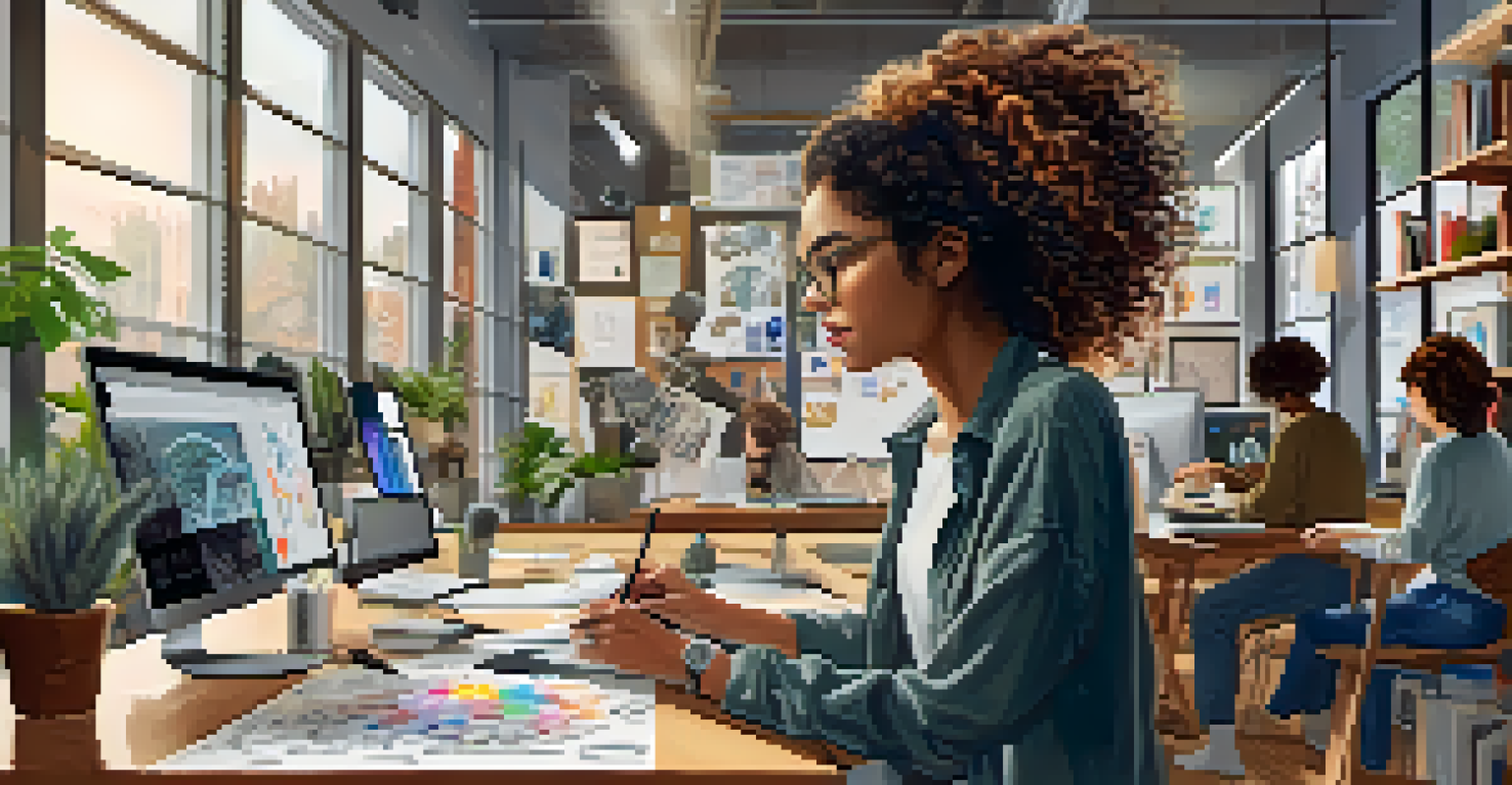 A freelance graphic designer working intently in a lively co-working space filled with art supplies and other freelancers.