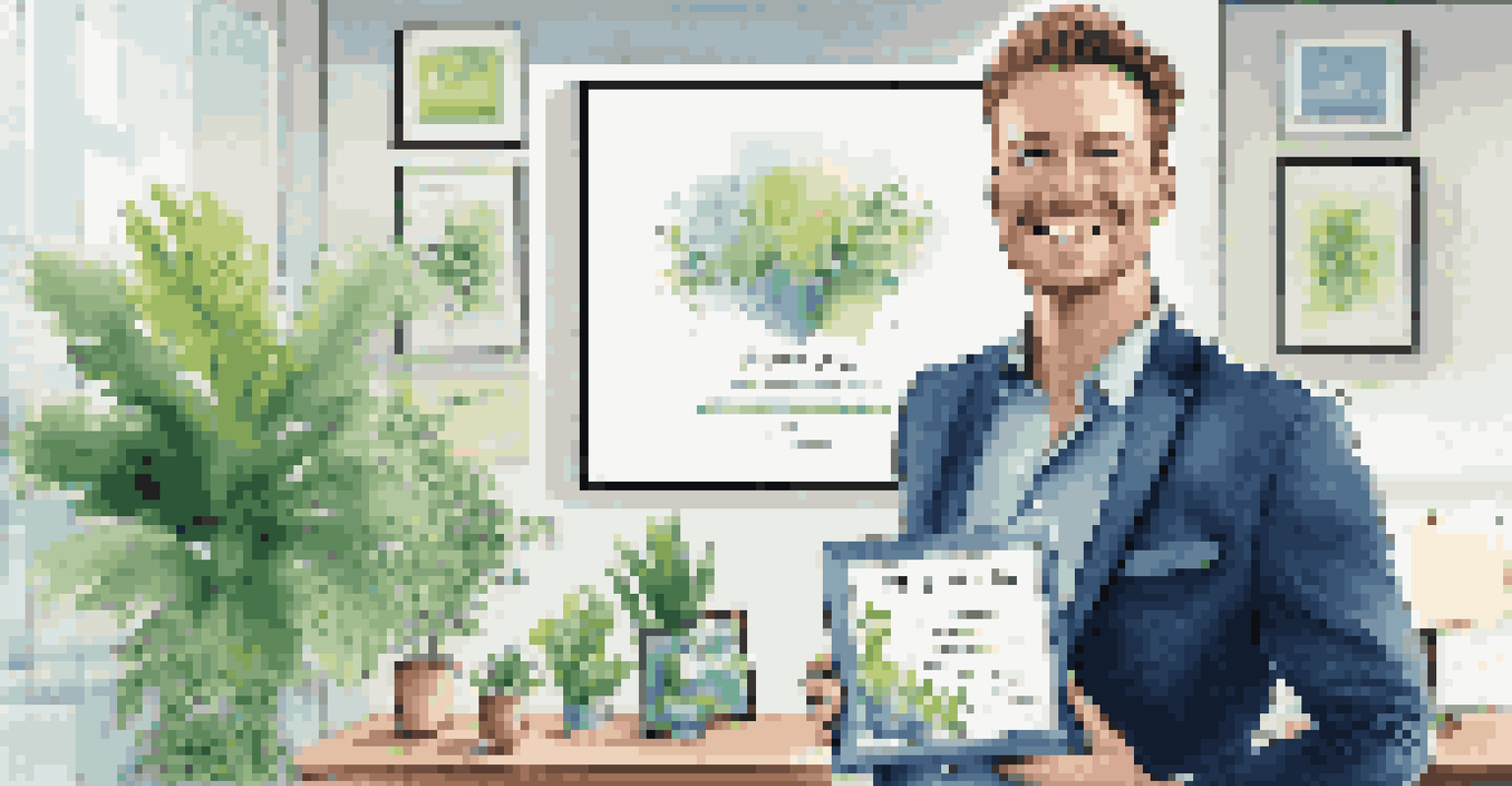A confident individual in a modern office holding a certification, smiling at the camera with motivational decor in the background.