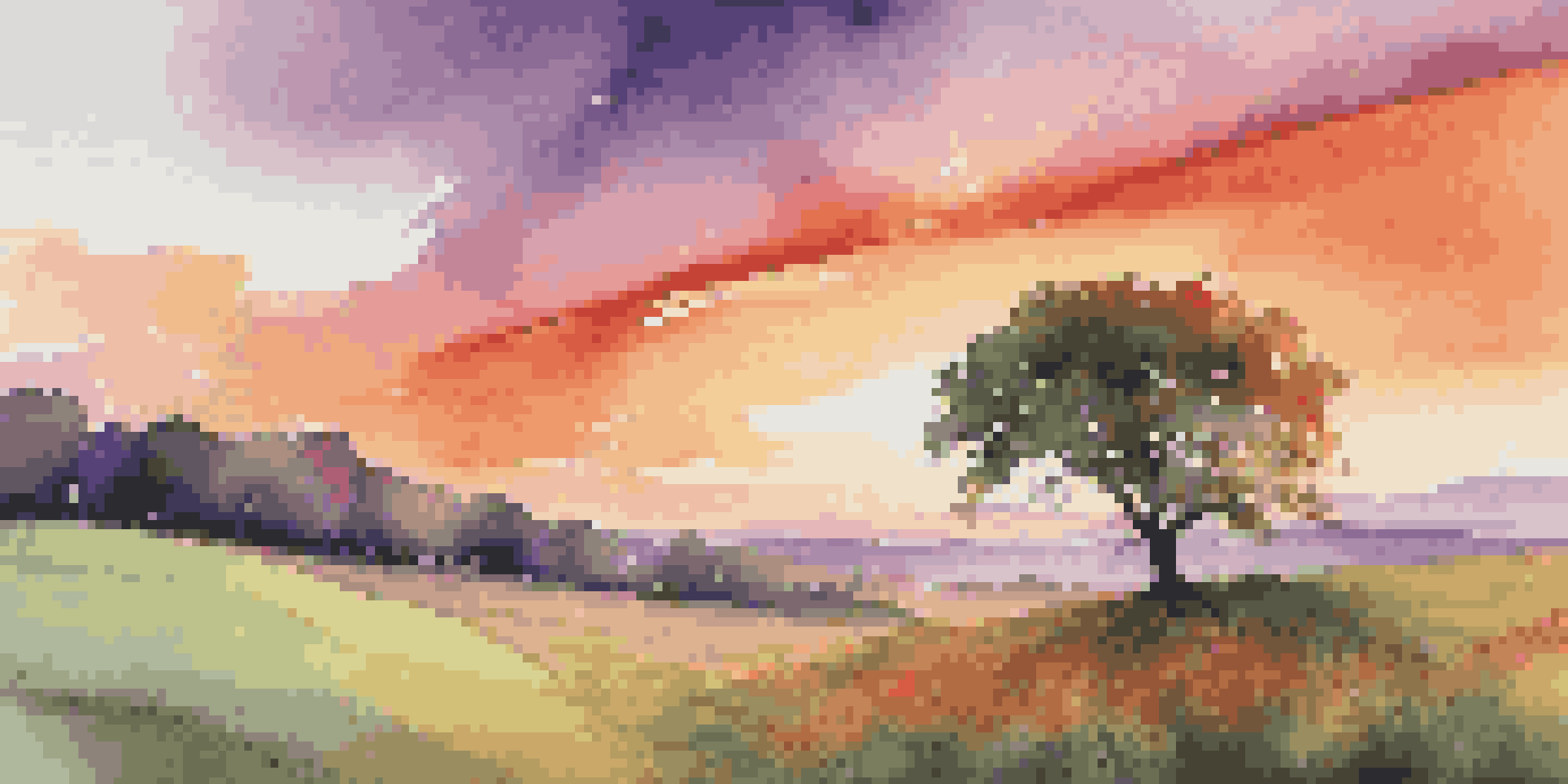 A tree bending in the wind with a colorful sunset sky in the background, symbolizing resilience.