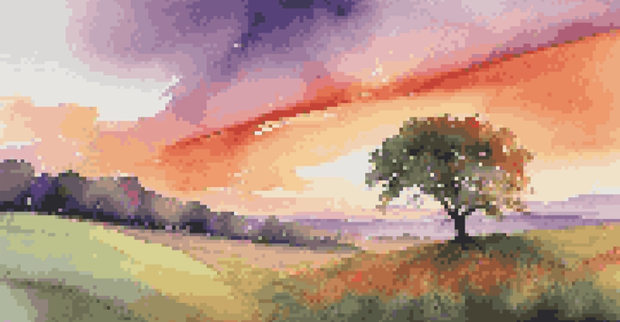 A tree bending in the wind with a colorful sunset sky in the background, symbolizing resilience.