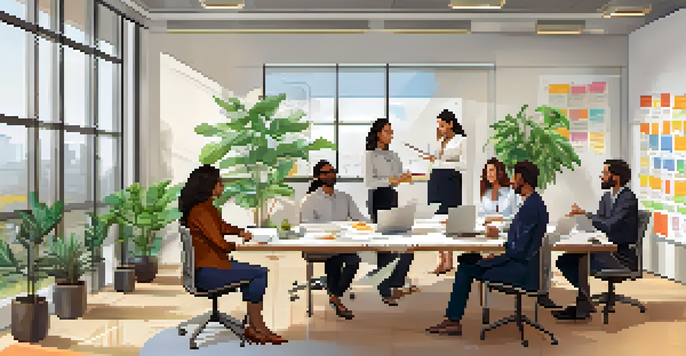 A diverse group of employees in a bright office, collaborating on personal development plans with a whiteboard filled with colorful notes.