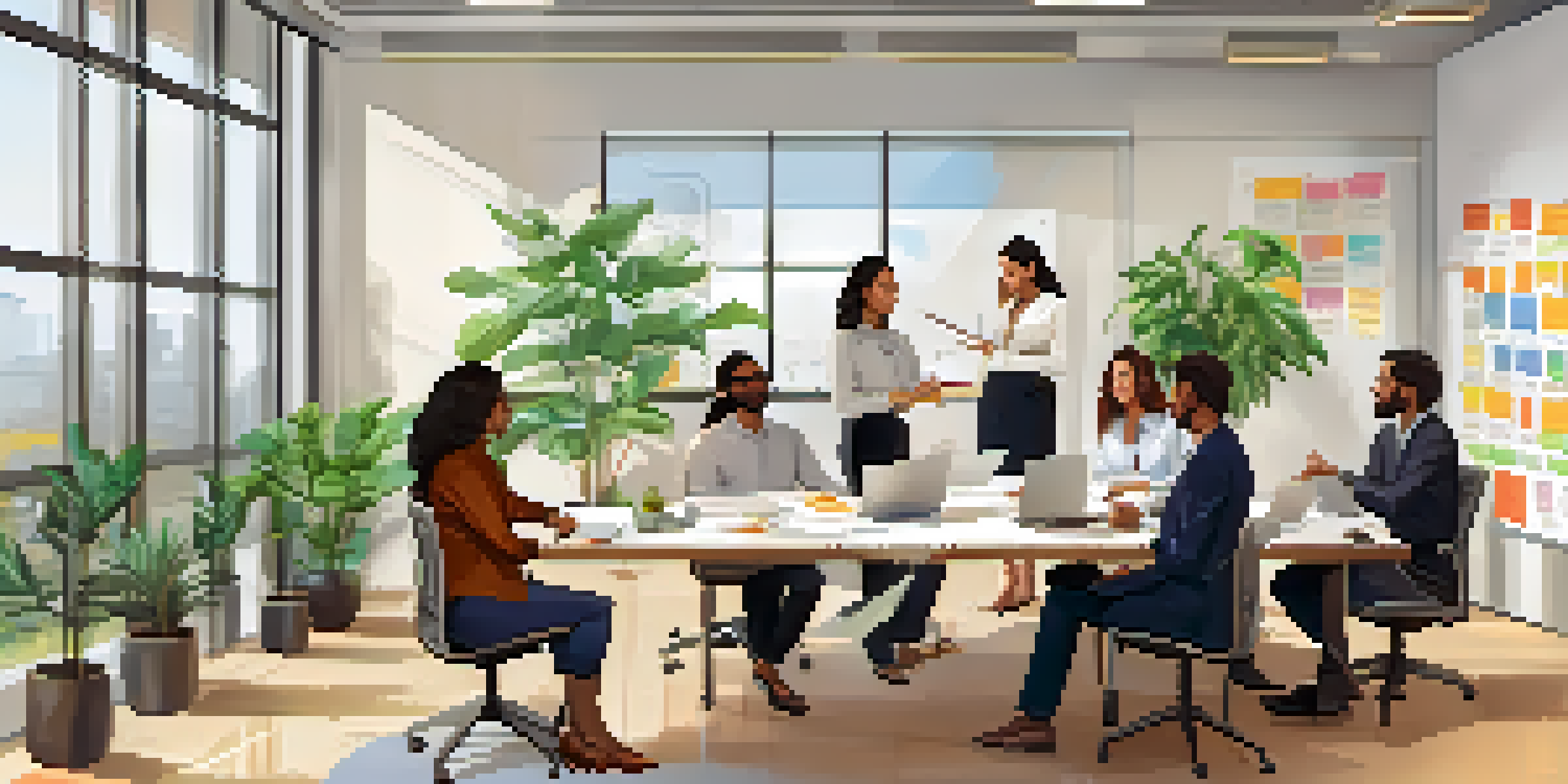 A diverse group of employees in a bright office, collaborating on personal development plans with a whiteboard filled with colorful notes.