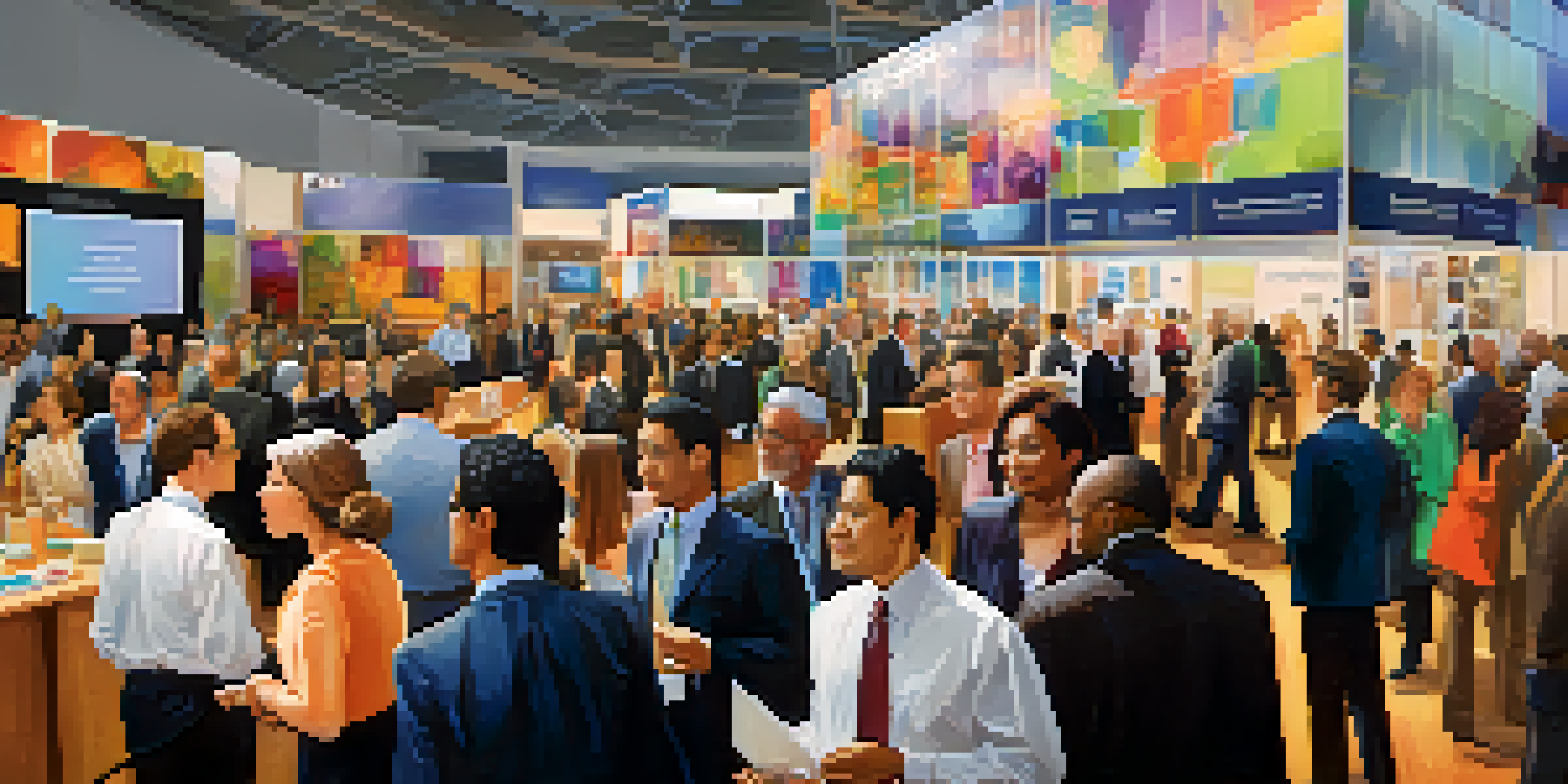 A diverse group of professionals networking at an international conference, with colorful booths and warm lighting.
