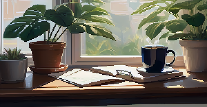A peaceful home office space with a laptop, plants, notes, and coffee, illuminated by soft morning light.