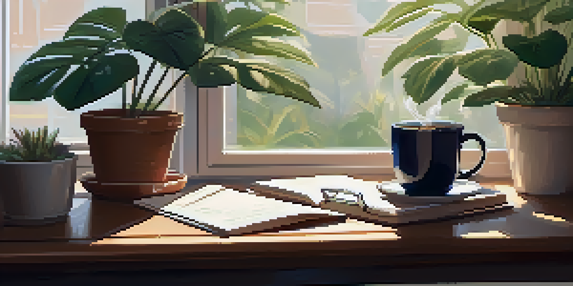 A peaceful home office space with a laptop, plants, notes, and coffee, illuminated by soft morning light.