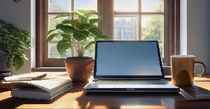 A well-lit office space featuring a wooden desk with a laptop, notepad, and coffee cup, along with a potted plant and sunlight streaming through the window.