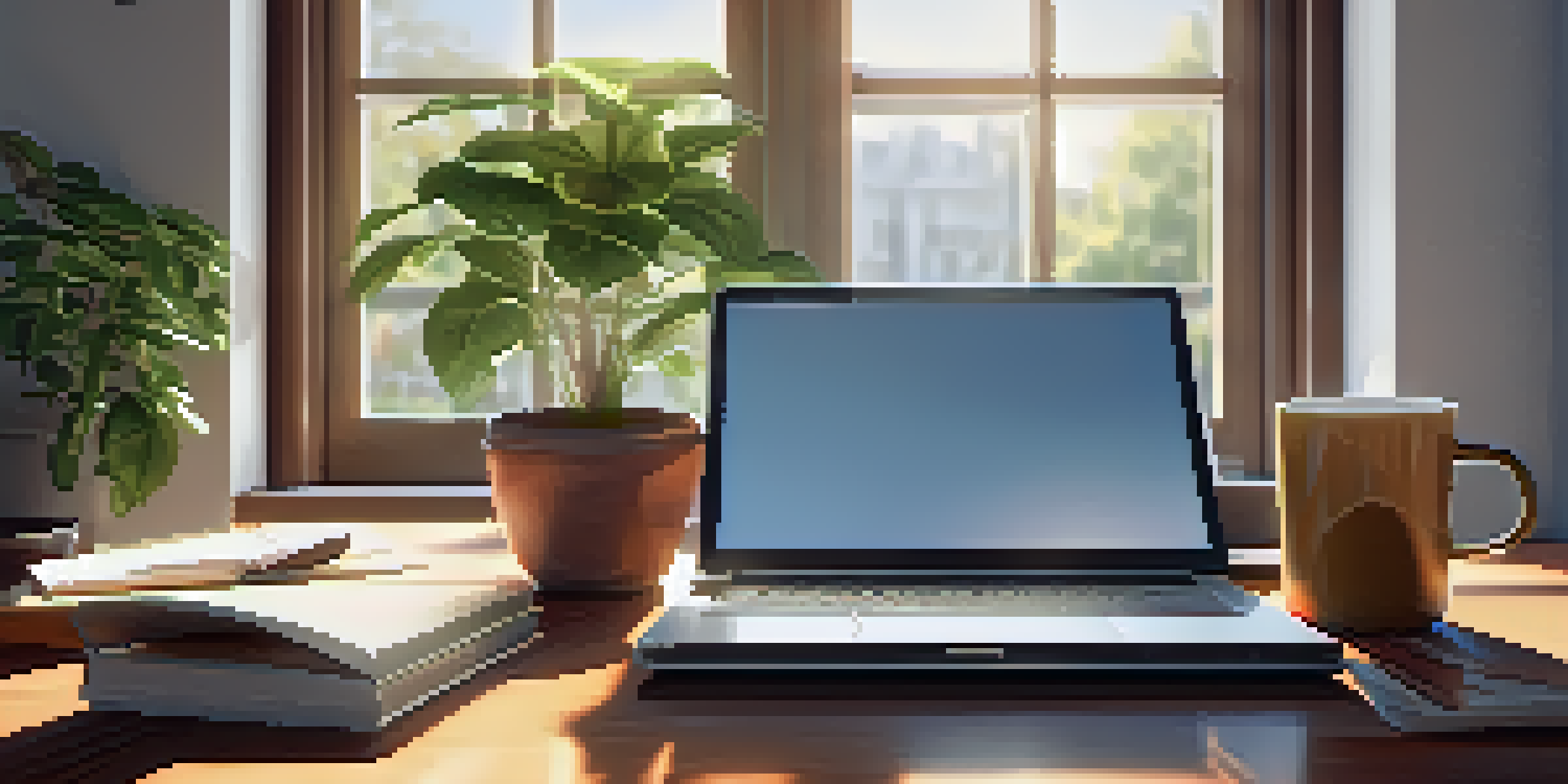 A well-lit office space featuring a wooden desk with a laptop, notepad, and coffee cup, along with a potted plant and sunlight streaming through the window.