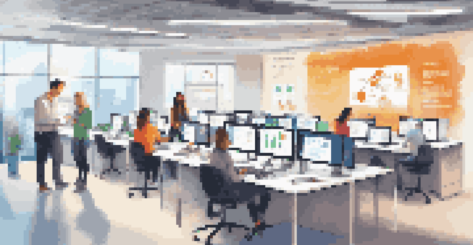 New employees interacting with digital training modules on tablets and laptops in a vibrant and tech-savvy workspace.
