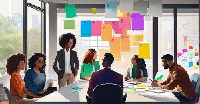 A diverse group of professionals collaborating in a bright office, surrounded by whiteboards and sticky notes.