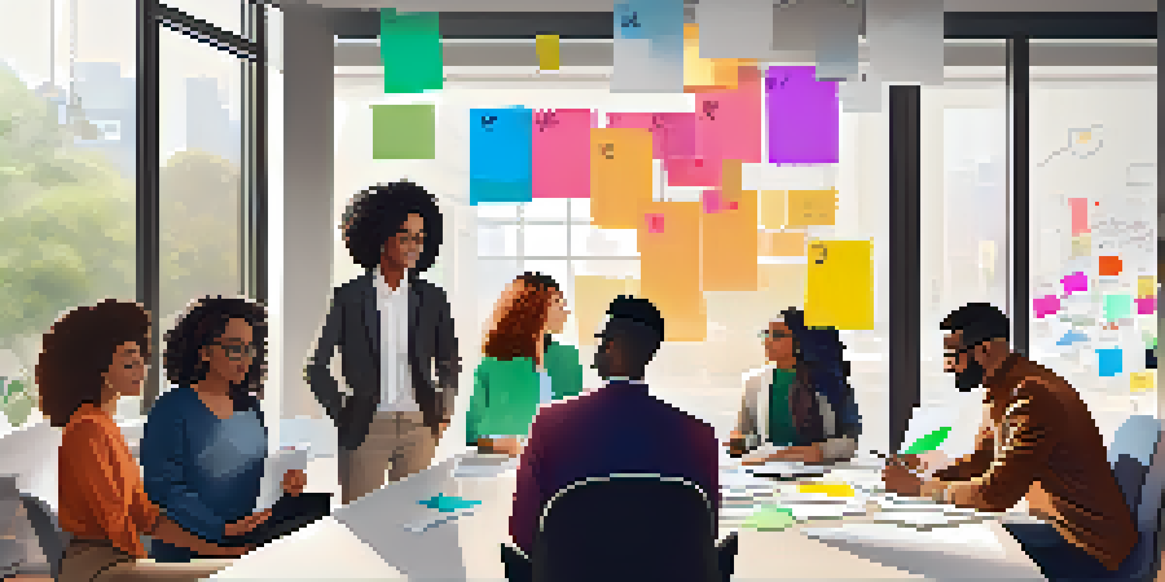 A diverse group of professionals collaborating in a bright office, surrounded by whiteboards and sticky notes.