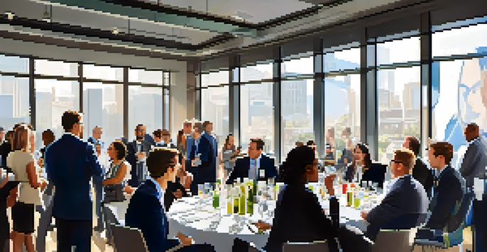 A vibrant networking event with diverse professionals engaging in conversation and exchanging business cards in a bright, modern setting.