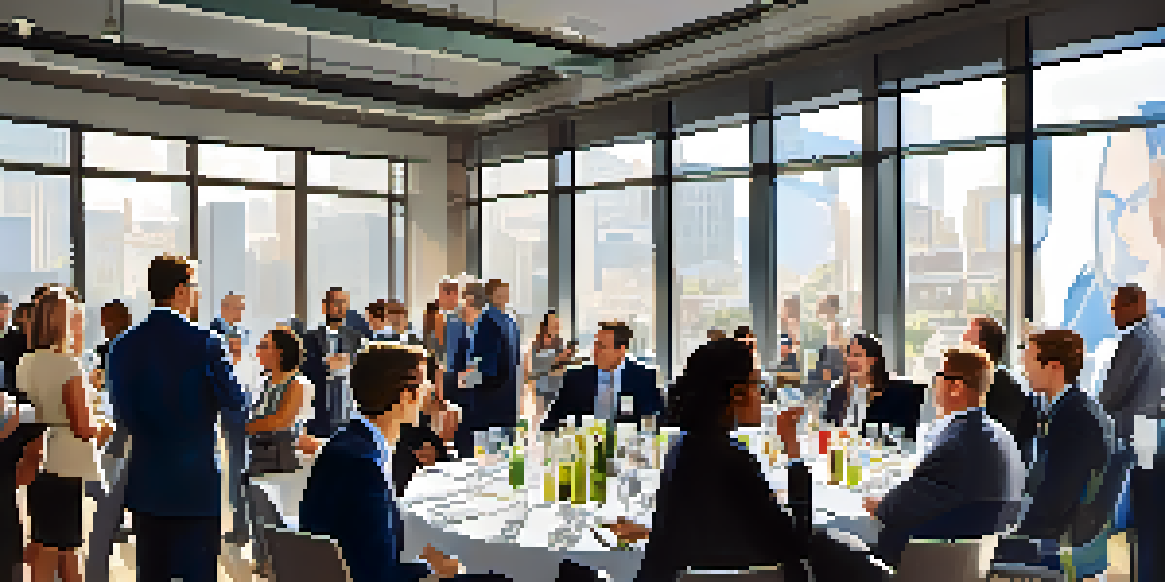 A vibrant networking event with diverse professionals engaging in conversation and exchanging business cards in a bright, modern setting.