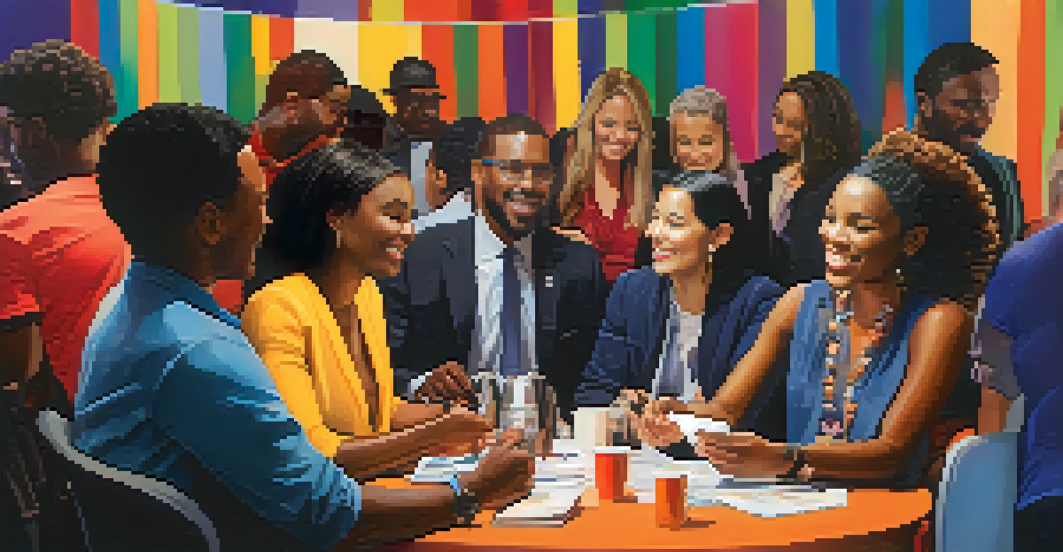 A diverse group of people networking at an event, with mentors and mentees exchanging business cards and conversing.