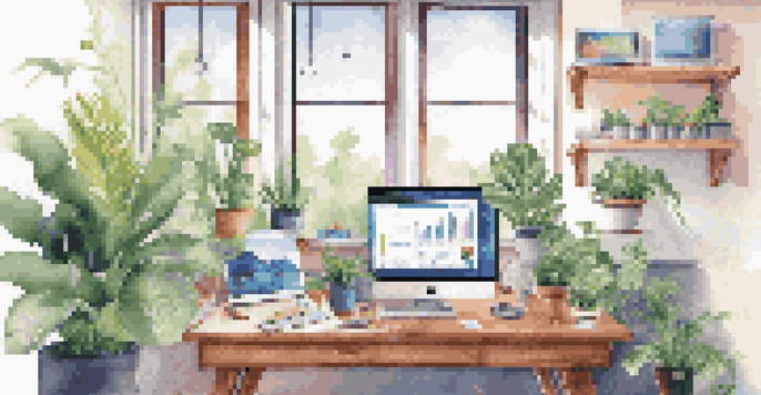 A contemporary workspace for digital marketing with a laptop showing analytics, marketing materials, and natural light coming through a window.