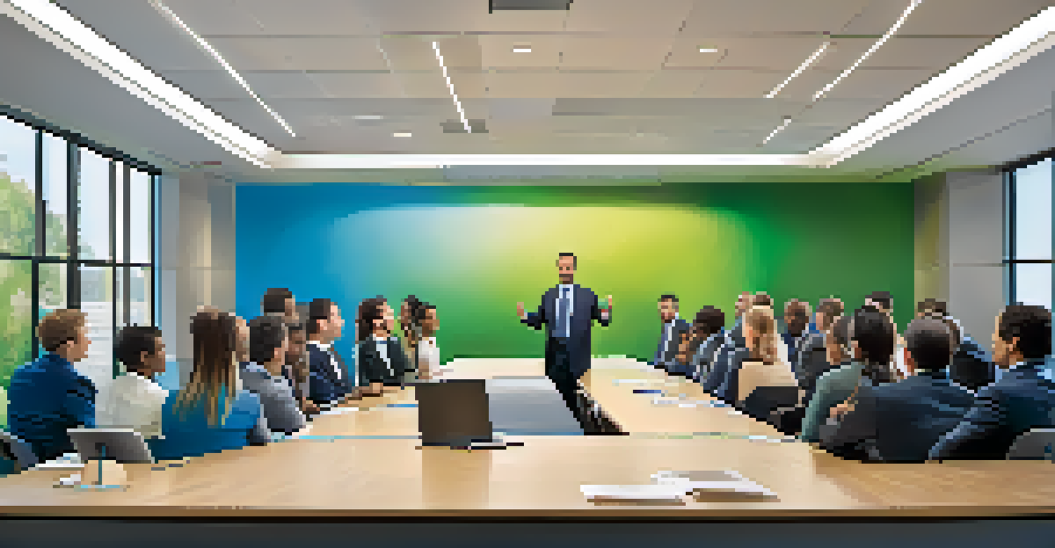 A leader delivering a motivational speech to an engaged and diverse team in a bright conference room, with a positive message displayed on a screen.
