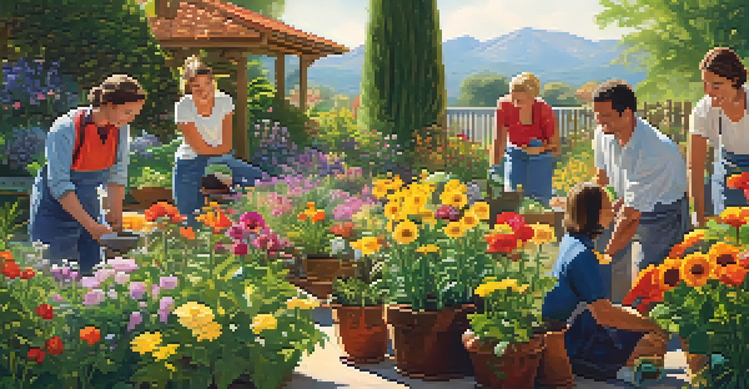 Diverse professionals working together in a bright garden, tending to flowers and plants, showcasing teamwork and joy.