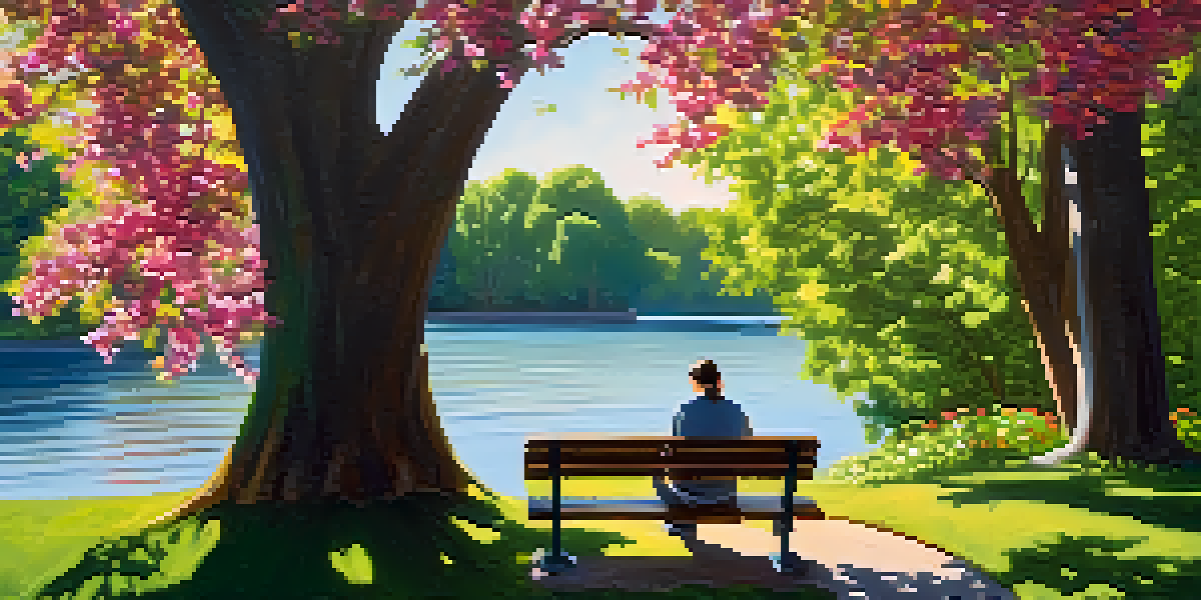 A person journaling on a park bench in a sunny landscape surrounded by trees and flowers.