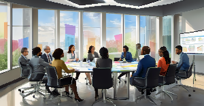A diverse group of professionals in a conference room, discussing and collaborating with charts visible.