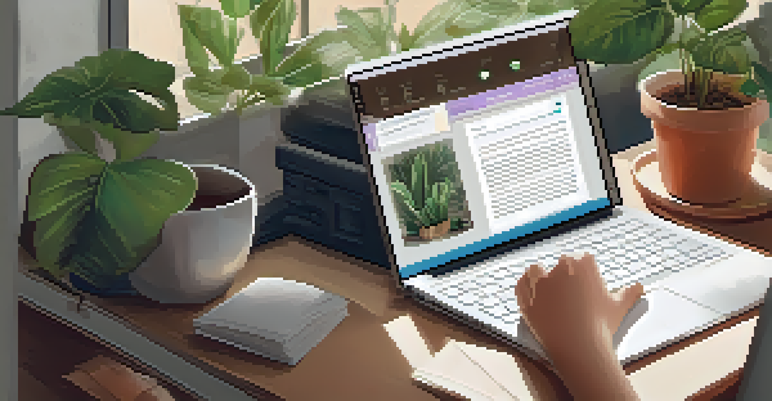 A hand typing an email on a laptop with a cozy workspace background.
