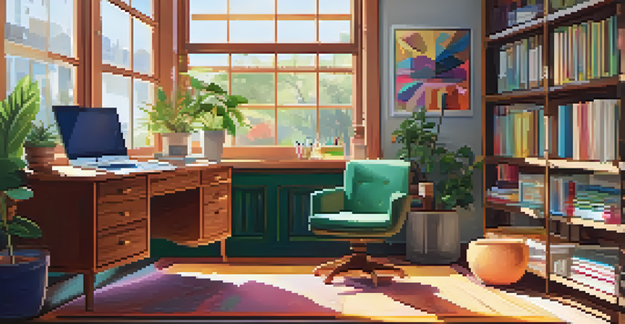 A bright and inviting workspace with a wooden desk, laptop, potted plant, and colorful stationery, illuminated by sunlight from a window.