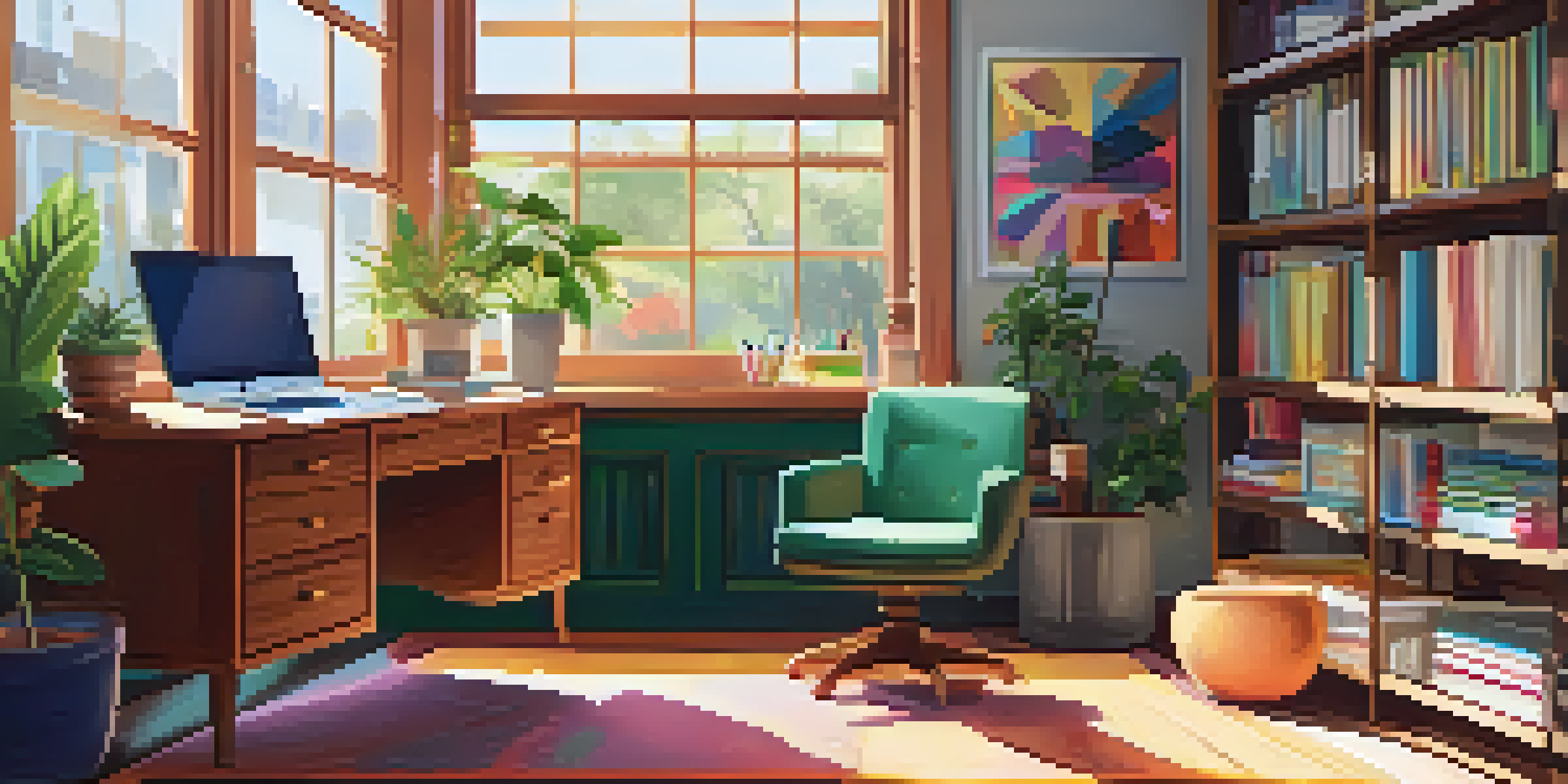A bright and inviting workspace with a wooden desk, laptop, potted plant, and colorful stationery, illuminated by sunlight from a window.