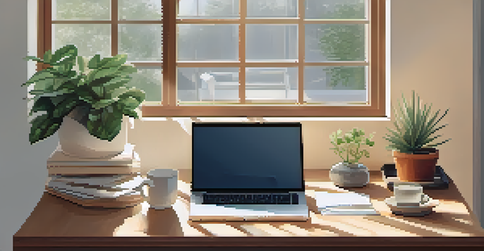A wooden desk with a laptop displaying a case study, potted plants, and natural light from a window.