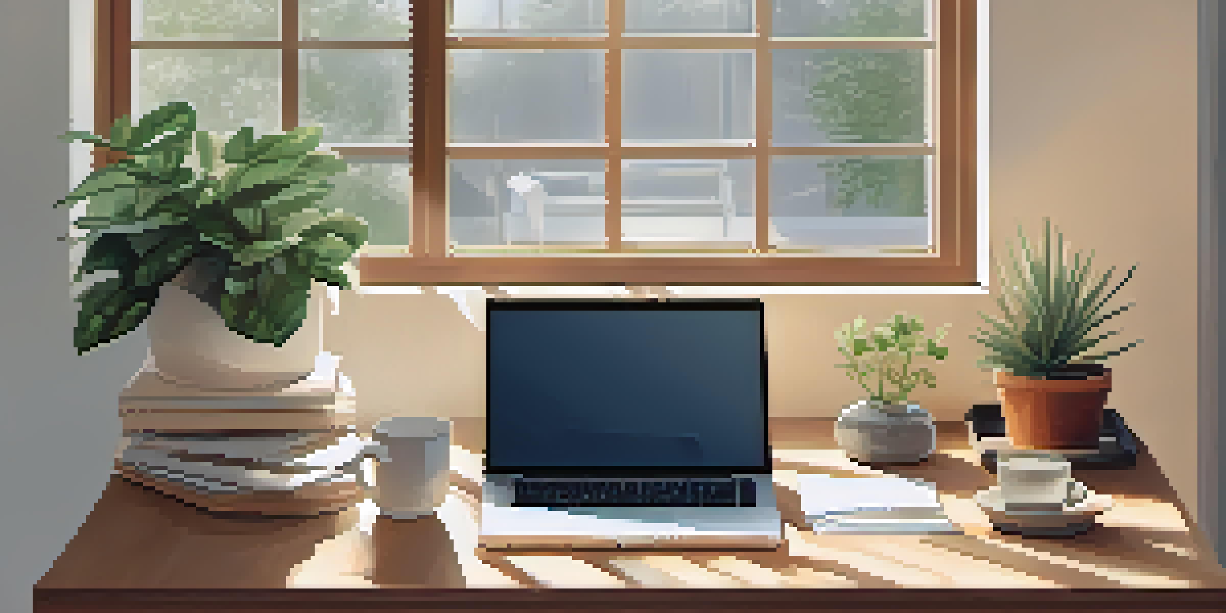 A wooden desk with a laptop displaying a case study, potted plants, and natural light from a window.