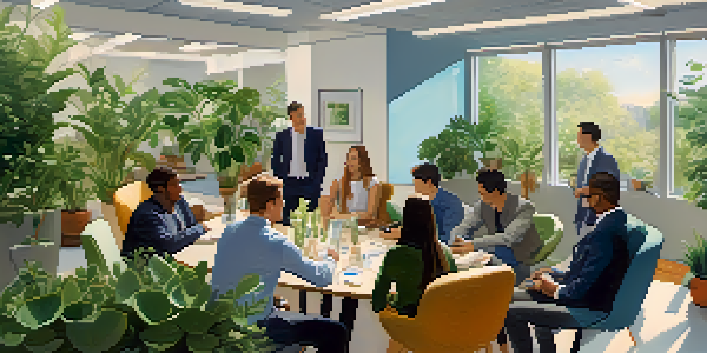A cozy networking event with diverse individuals having deep conversations in a modern office setting, surrounded by plants and warm lighting.