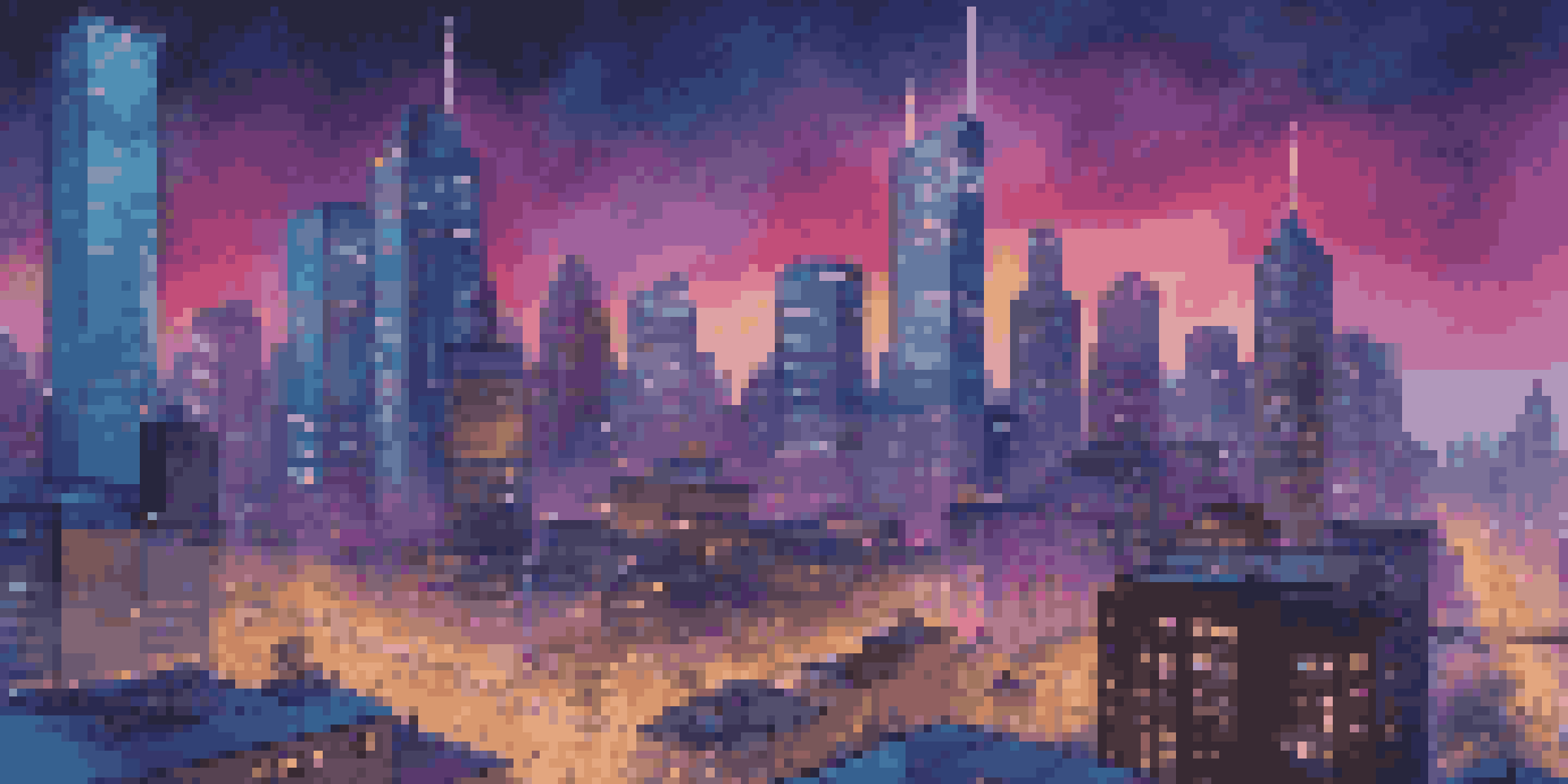 A city skyline at dusk with illuminated skyscrapers and people using smart devices in the foreground.