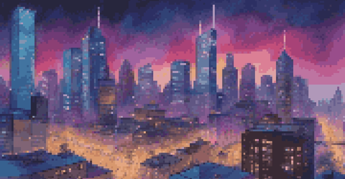 A city skyline at dusk with illuminated skyscrapers and people using smart devices in the foreground.