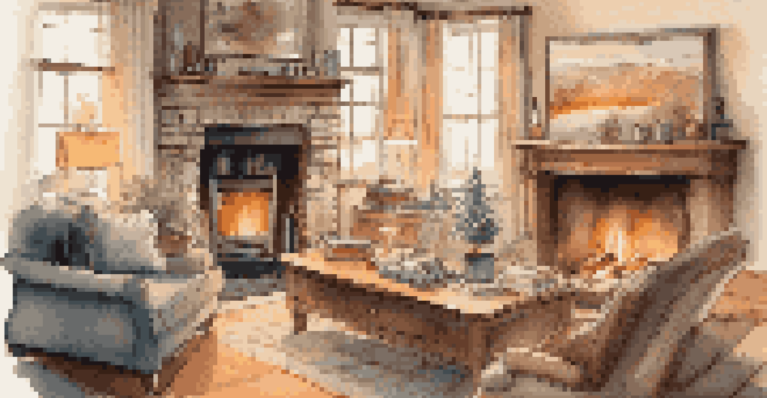 A cozy living room with a fireplace, sofa, and books, radiating warmth and comfort.