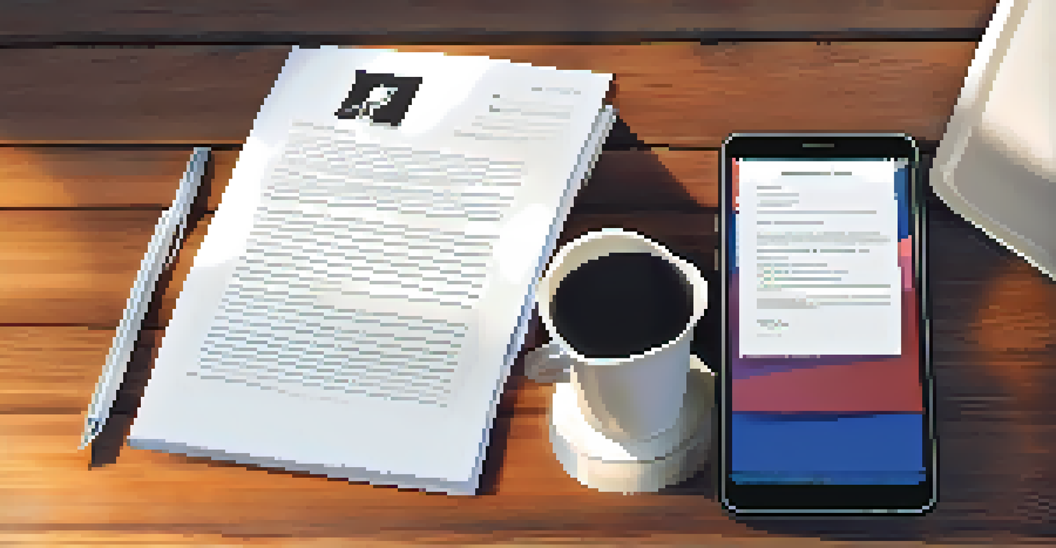 A close-up of a resume and cover letter on a wooden table, accompanied by a coffee cup and smartphone, with soft morning light creating gentle shadows.