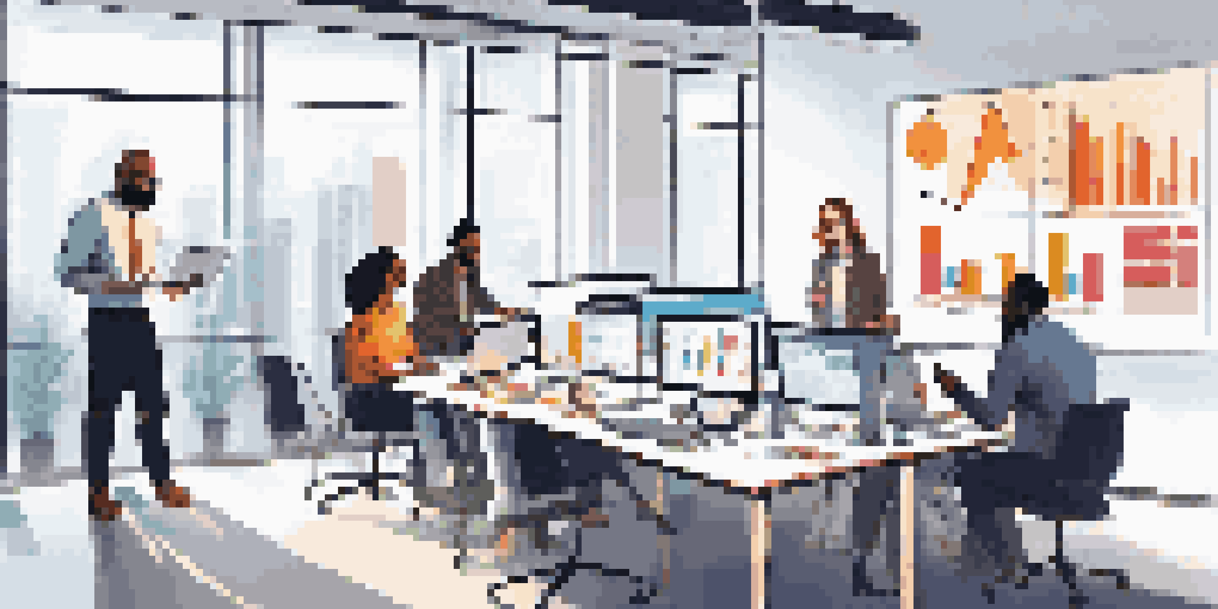 A diverse team of professionals collaborating in a modern office, discussing a project with laptops and a digital screen showing colorful graphs.