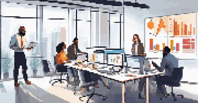 A diverse team of professionals collaborating in a modern office, discussing a project with laptops and a digital screen showing colorful graphs.