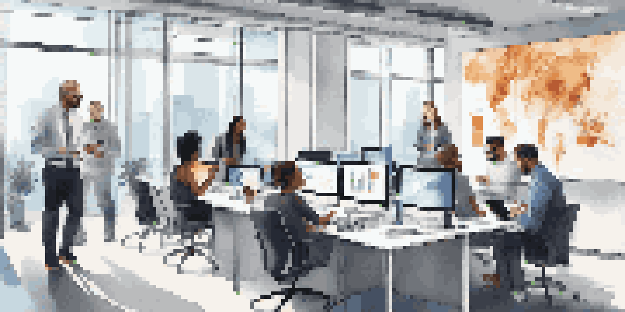 A diverse group of professionals collaborating in a bright office with digital screens and laptops.