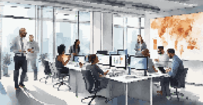 A diverse group of professionals collaborating in a bright office with digital screens and laptops.