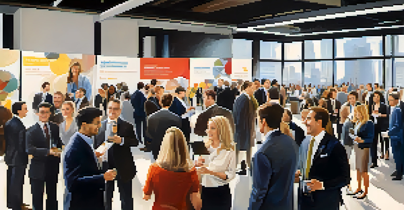 A group of diverse professionals networking at an event, exchanging business cards and engaging in conversation.