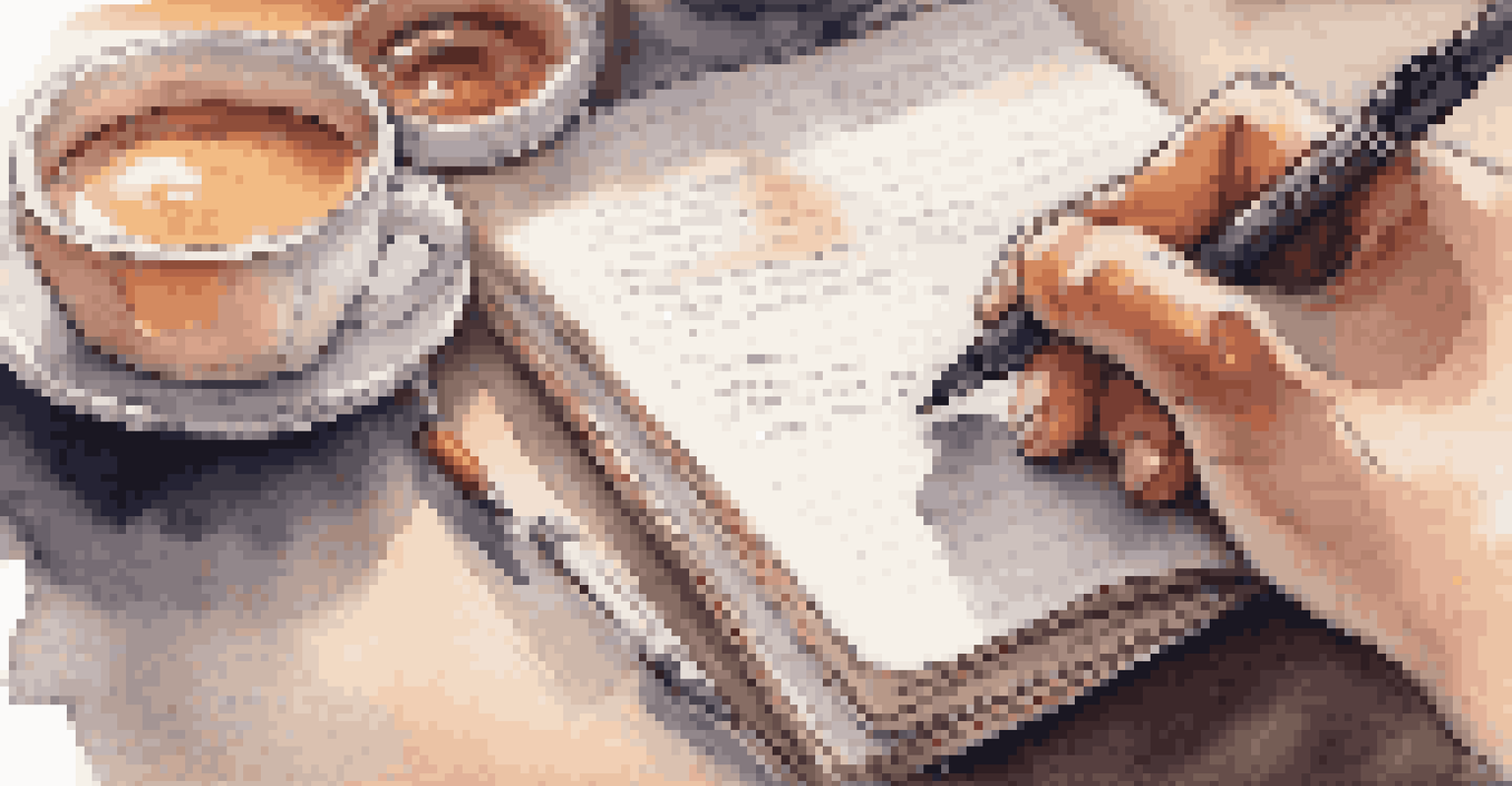Close-up of hands writing in a notebook about personal growth in a cozy café.