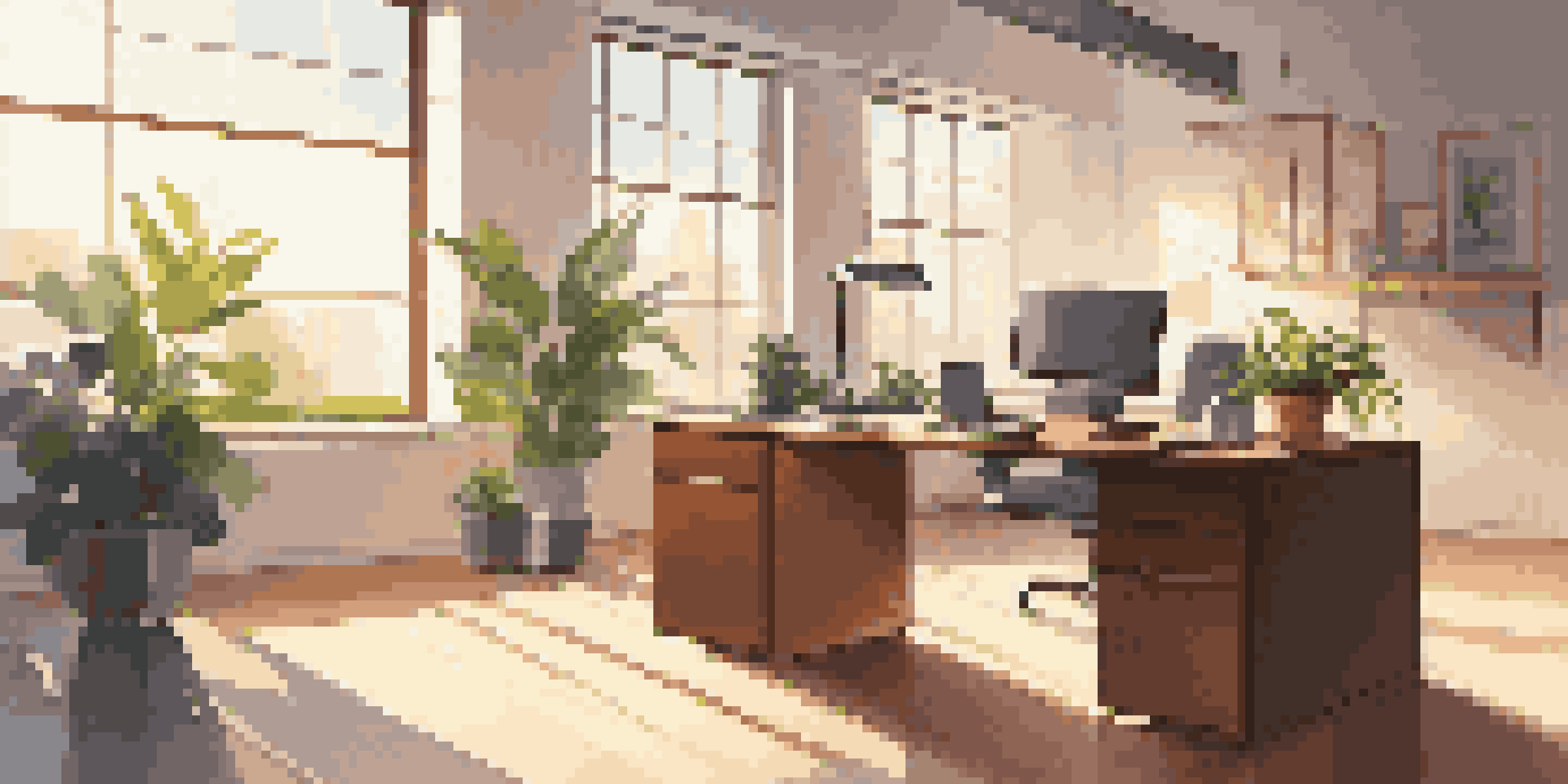 A bright and modern office with a wooden desk, computer, and a plant, illuminated by sunlight.