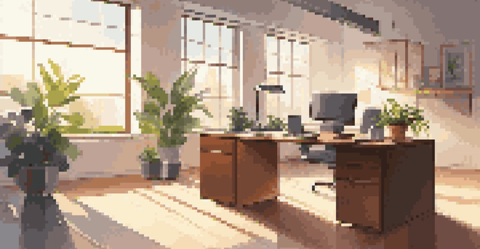 A bright and modern office with a wooden desk, computer, and a plant, illuminated by sunlight.