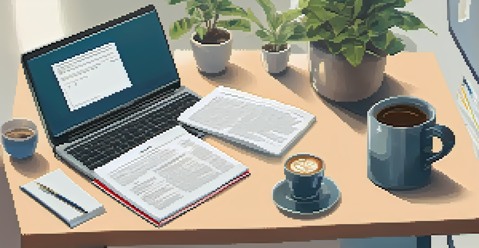 An organized desk for interview preparation with a laptop, printed resumes, and a coffee cup, under soft lighting.