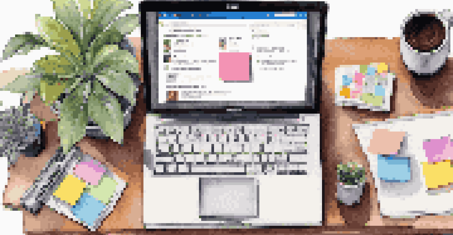 An overhead view of a neat workspace with a laptop showing a LinkedIn profile and colorful sticky notes with networking goals.
