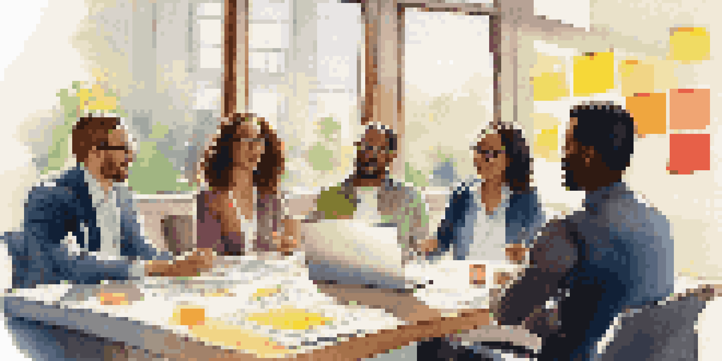 A diverse group of colleagues engaged in a discussion at a conference table, with colorful sticky notes and a laptop, illuminated by warm sunlight.