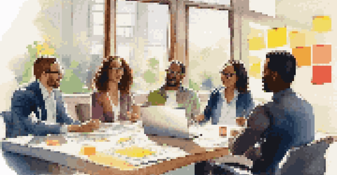 A diverse group of colleagues engaged in a discussion at a conference table, with colorful sticky notes and a laptop, illuminated by warm sunlight.