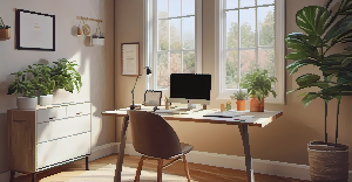 A cozy home office with a laptop, a potted plant, and a motivational quote framed on the wall, illuminated by soft natural light.