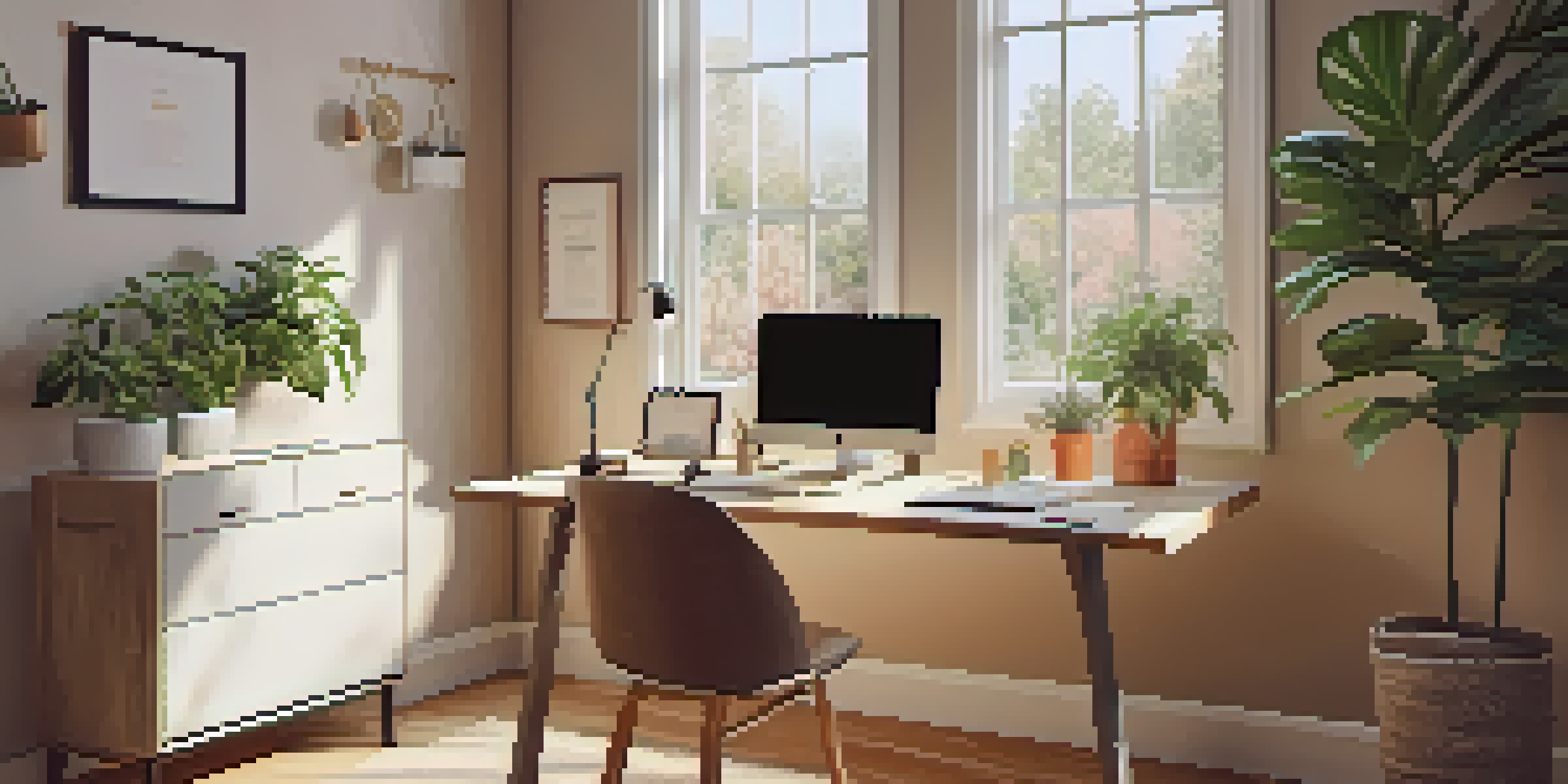 A cozy home office with a laptop, a potted plant, and a motivational quote framed on the wall, illuminated by soft natural light.