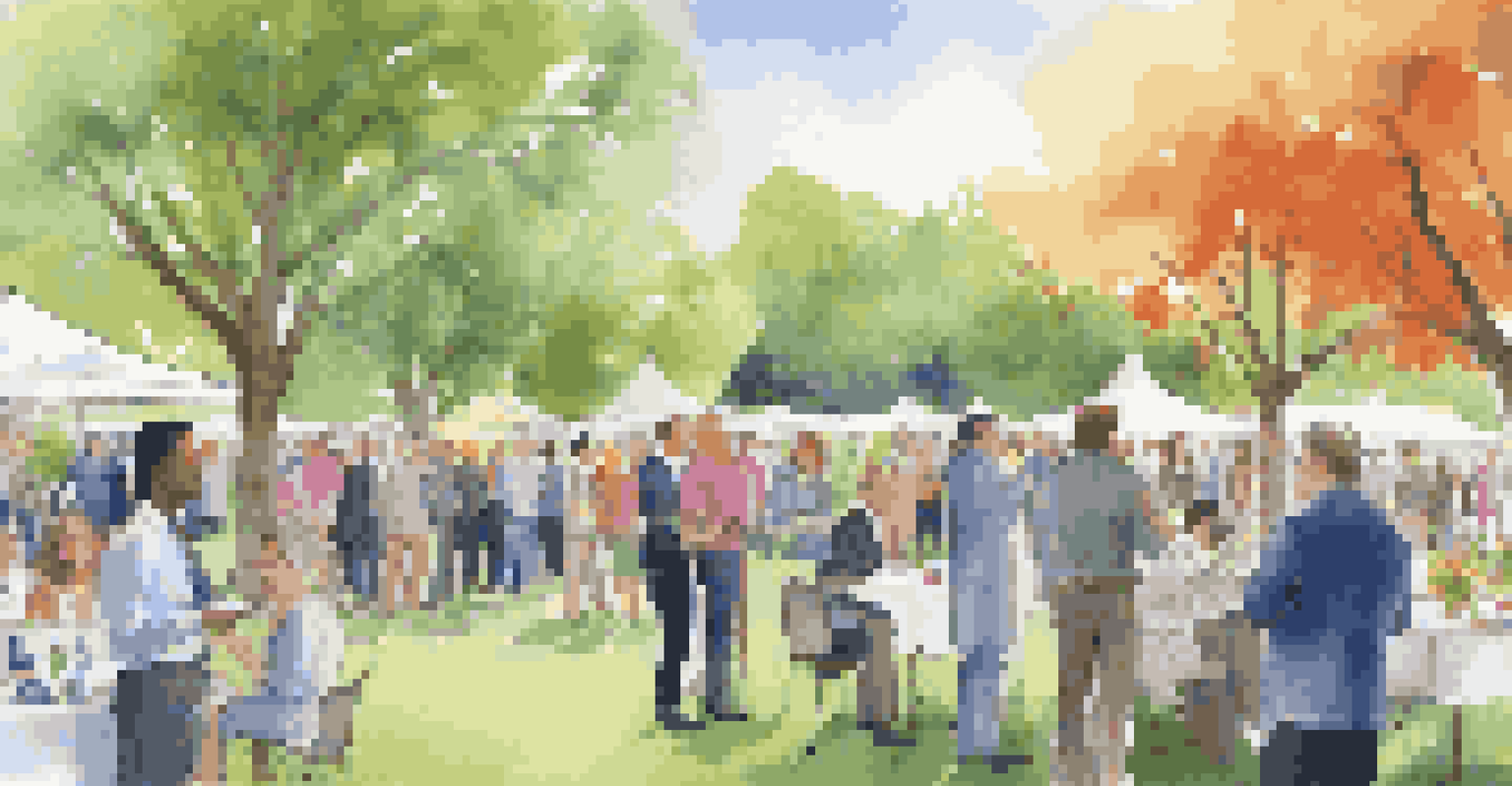A lively outdoor networking event with professionals talking and exchanging business cards in a park filled with greenery.