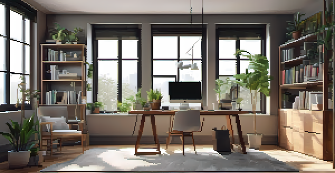 A cozy home office with a wooden desk, laptop, books, and a plant, illuminated by natural light from a window.